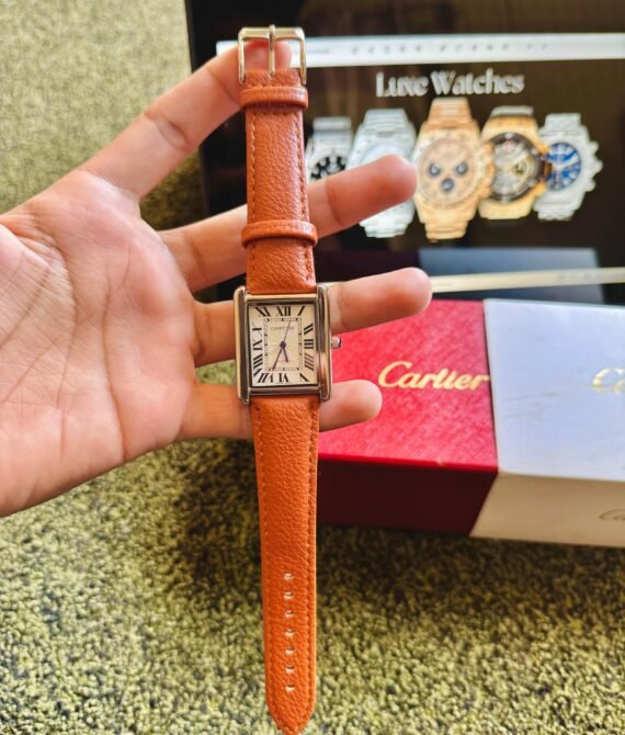 Cartiêr Tank Dial – Silver Case with Orange Premium Leather Strap